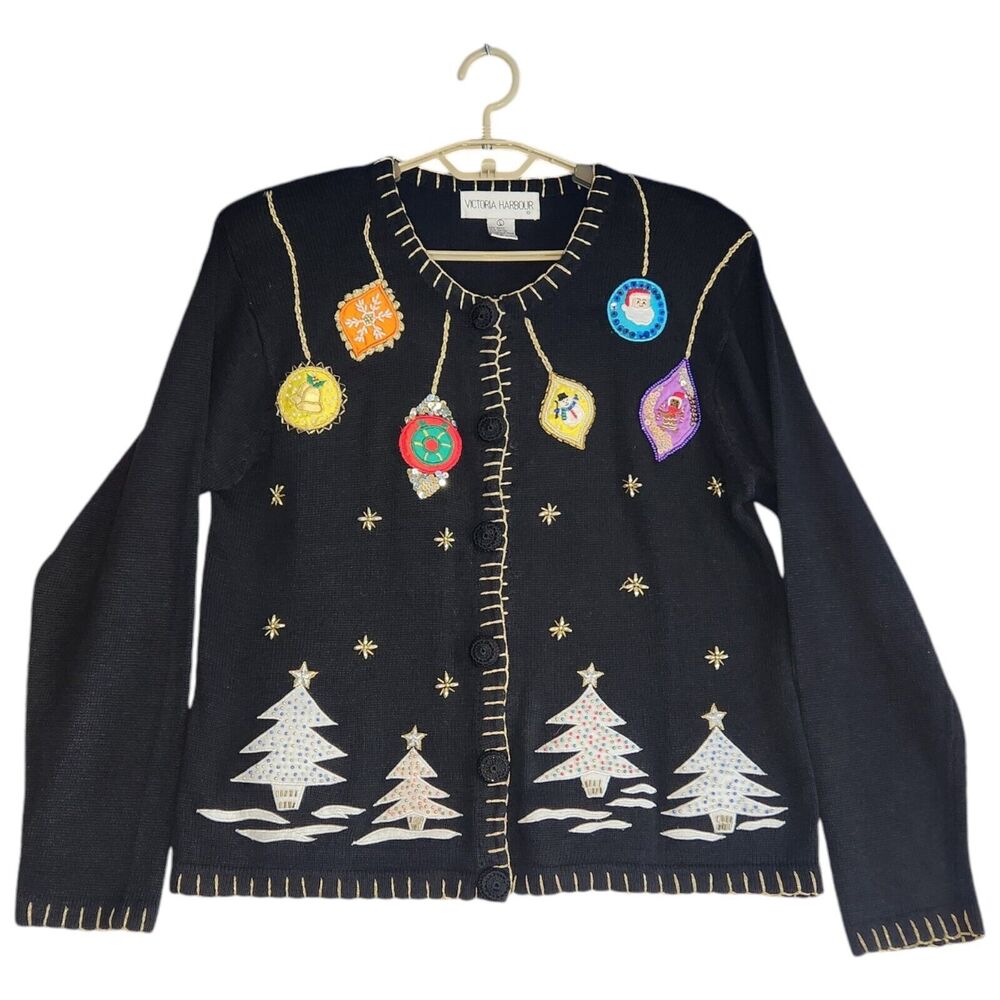 Victoria Harbour Womens Size Medium Christmas Sweater Cardigan Ornaments Vintage